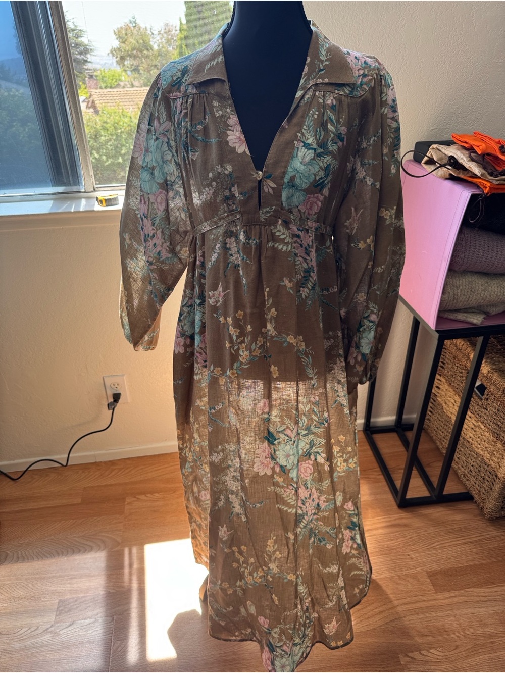 Zimmermann Brown Floral Maxi Dress with Pastel Blooms, size 0/US 2